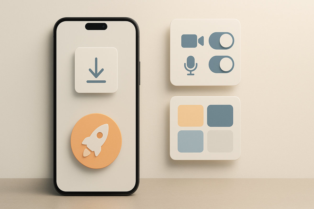 Minimal onboarding layout—unbranded smartphone with download arrow, rocket quick-start, camera/mic permission toggles, and theme swatches—frictionless setup, crisp clarity, calm confidence
