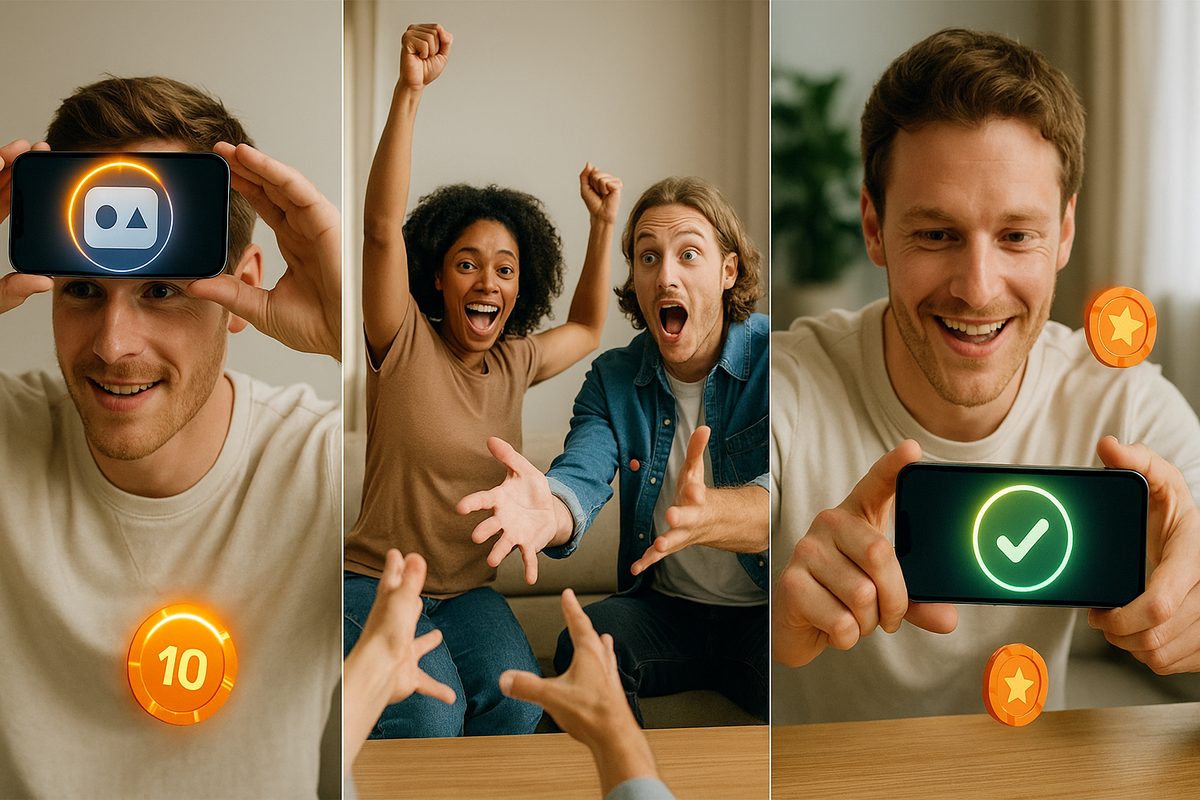 Action triptych—(left) phone on forehead with prompt icon, (center) teammates cheering and gesturing, (right) green checkmark on screen with score coins—fast rhythm, adrenaline, instant victory thrill