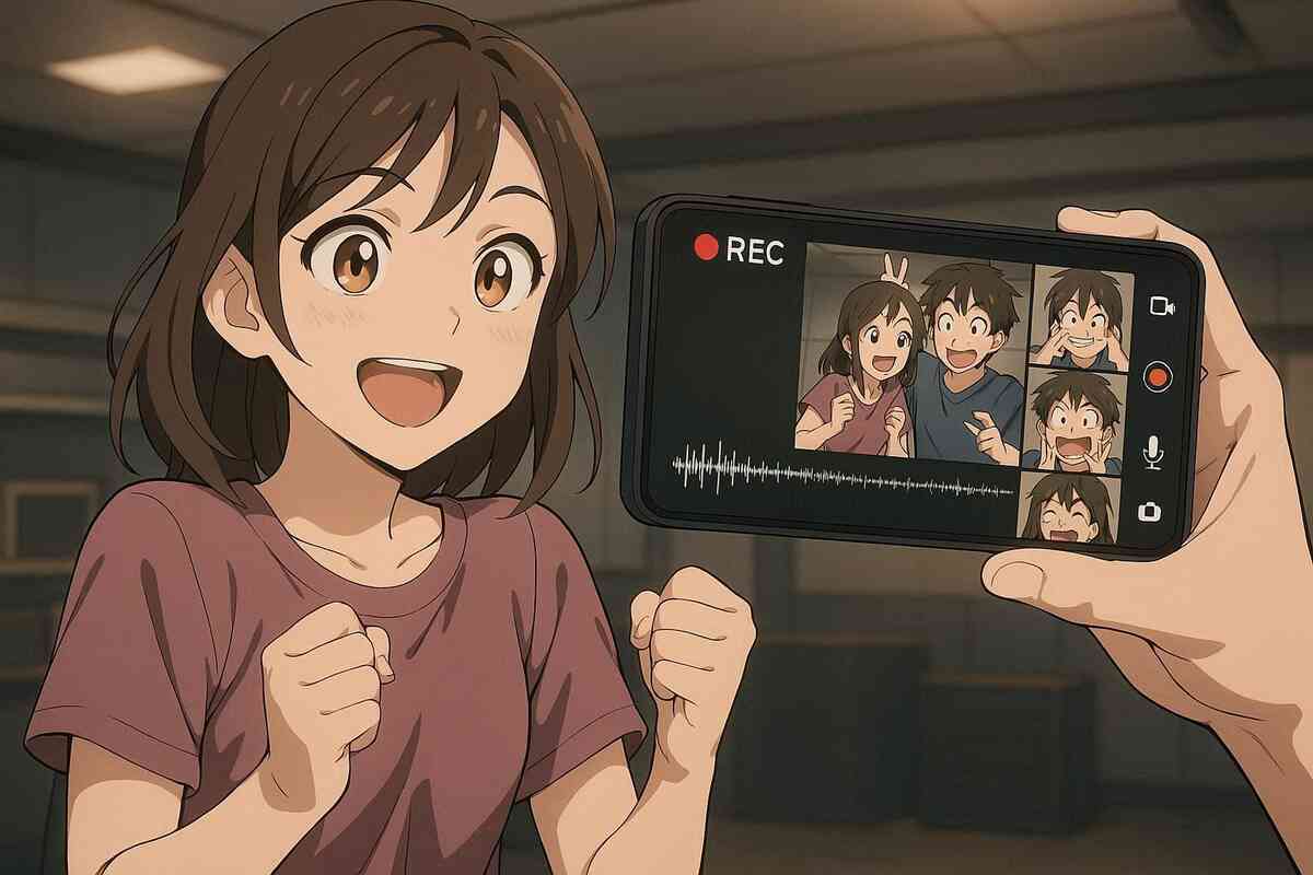 Anime-style recording scene—smartphone UI with REC light, waveform, and fun thumbnails while a smiling player reacts—captured memories, playful excitement, pure serotonin sparkle