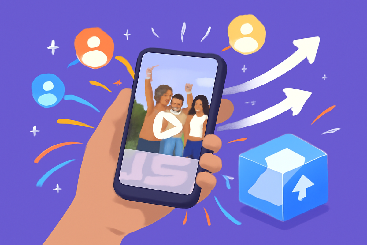 Hand holding phone with video preview and bold share arrows toward colorful audience icons, tiny cloud-backup cube—viral joy, instant connection, celebratory sparkle, share-worthy vibe