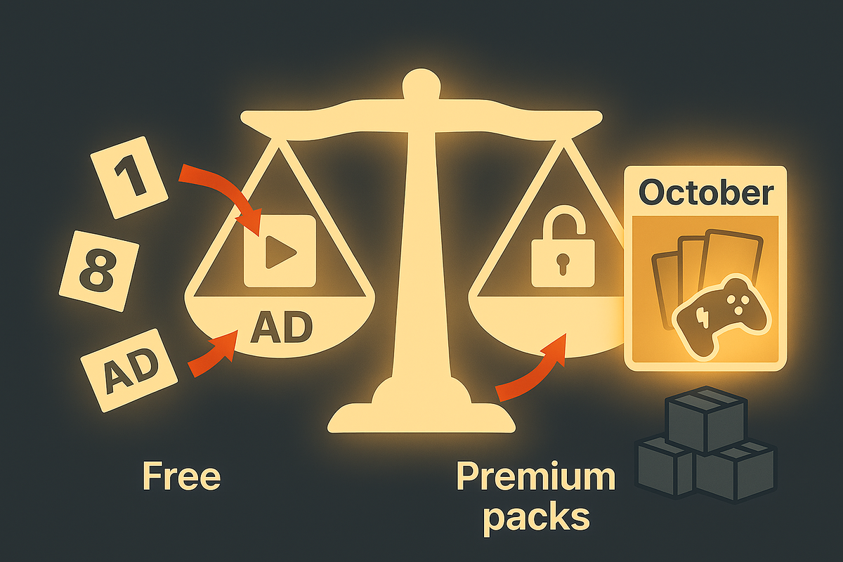 Glowing balance scale—“Free with ads” icons vs “Premium packs” card set with calendar—transparent pricing story, sensible value, reassuring decision clarity