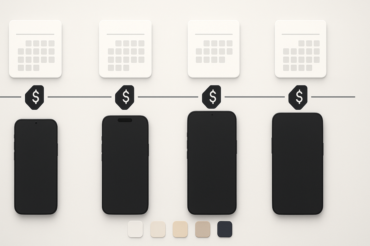 Clean roadmap layout—four unbranded phone silhouettes aligned under calendar tiles and price tags, color swatches below—iPhone 17 lineup schedule and price at a glance, calm clarity, decision-ready vibe