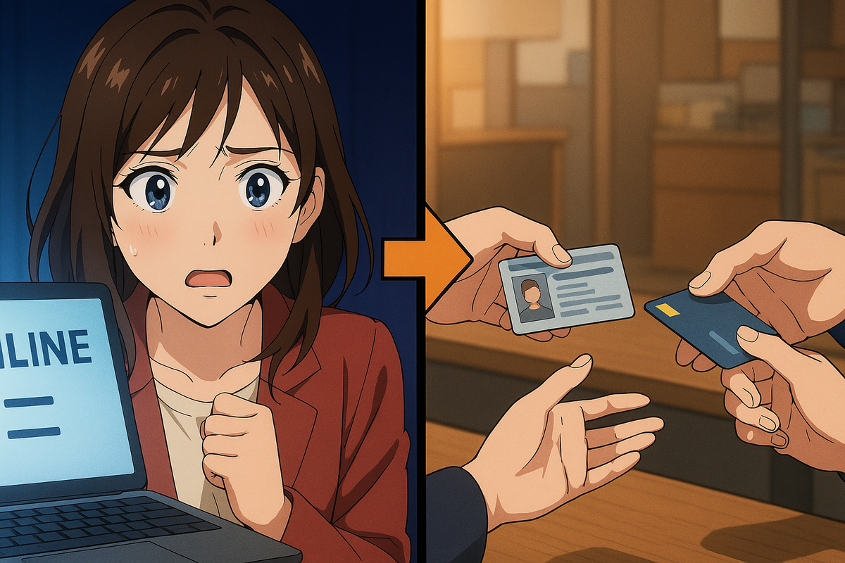 Split scene: anxious shopper at laptop for online booking → hands presenting ID and card at a counter—Yodobashi Kawasaki iPhone 17 reservation choices, online vs in-store, nervous hope turning into action