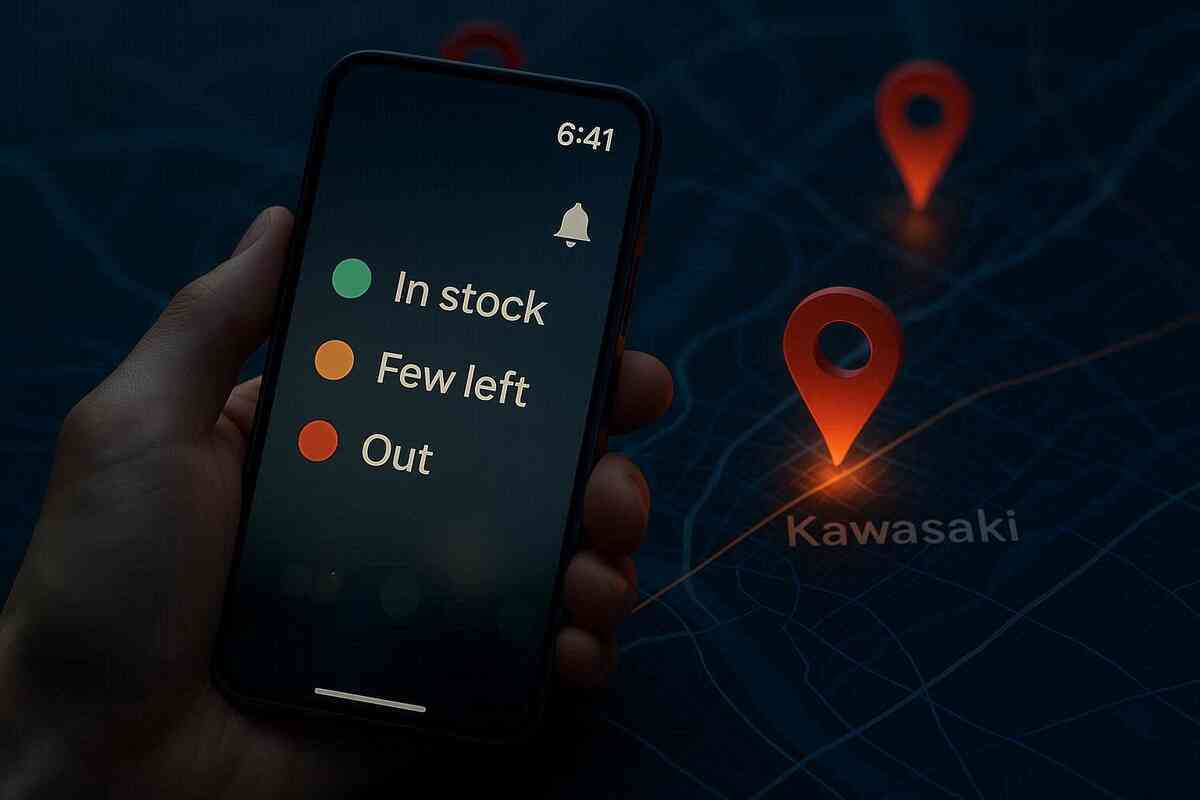 Hand holding a phone with traffic-light stock badges—In stock, Few left, Out—map pins glowing around “Kawasaki”—real-time inventory check, alert bell poised, sharp focus, decisive hunt energy