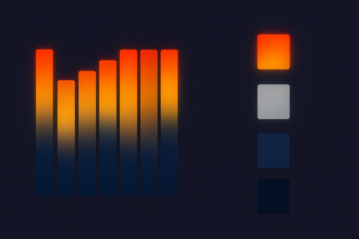 Moody gradient bar chart with hot-to-cool columns and color chips—model/color demand heatmap for Yodobashi Kawasaki—where scarcity burns, data-driven confidence, smart buyer insight