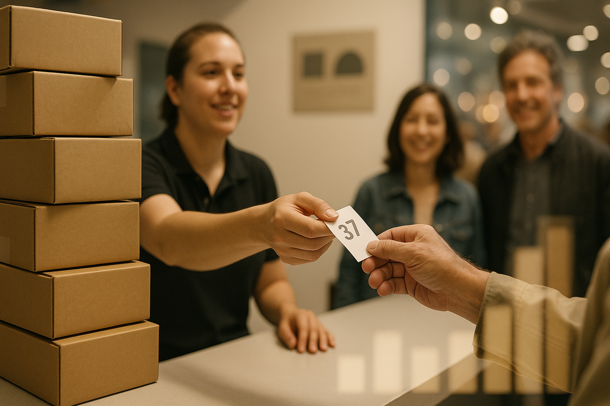 Counter handoff of numbered ticket “37” beside stacked plain boxes—warm smiles, fresh stock vibes, hopeful relief—clear signal of limited units and fair queue, tangible excitement