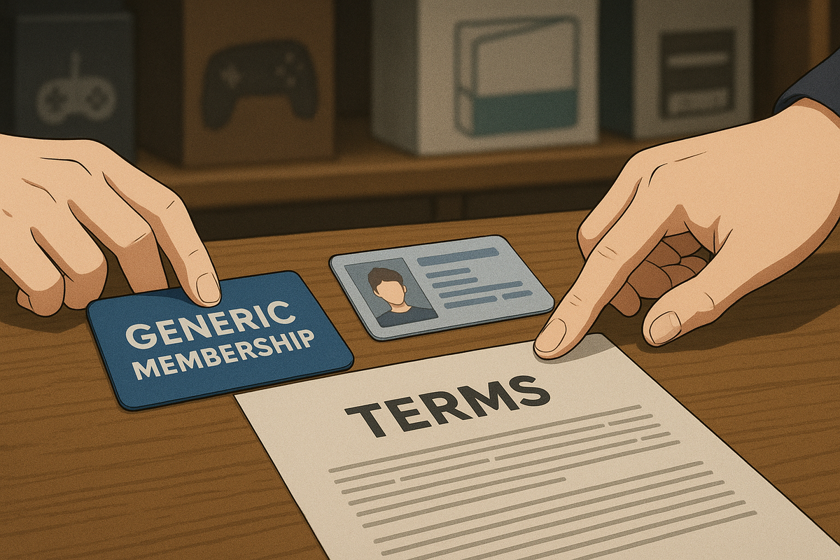 Membership card + photo ID laid on a counter with “TERMS”—two hands pointing—no logos—compliance first, anti-scalping seriousness, actionable checklist energy, calm authority