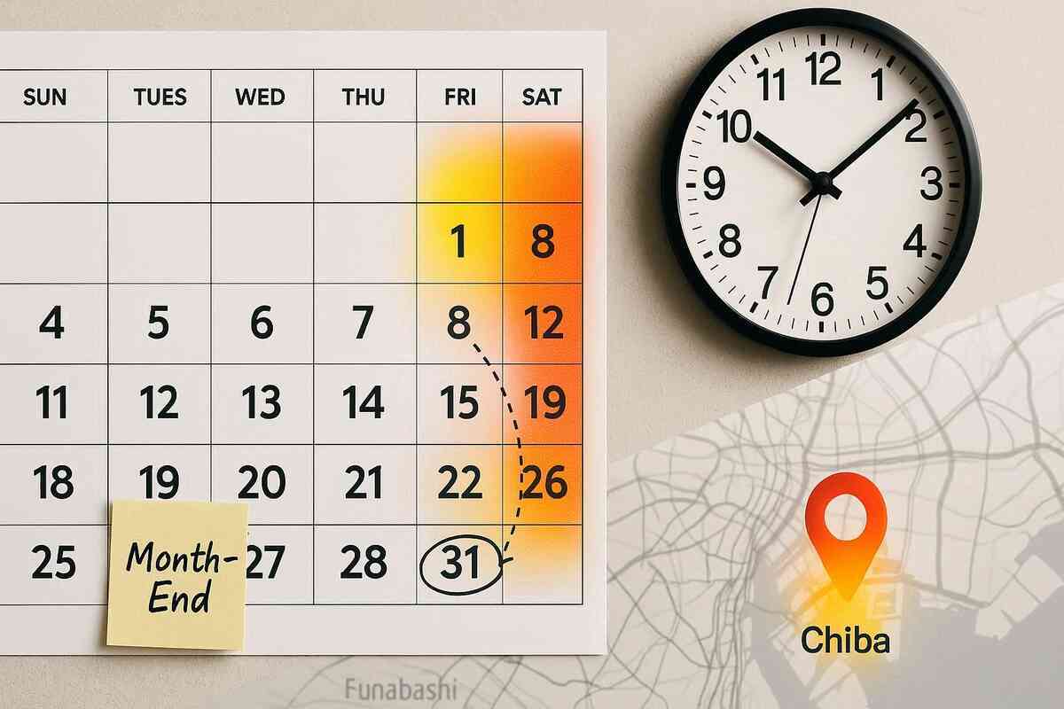 Weekend-heatmap calendar with 9:30 clock and Chiba map pin—month-end circled—data-driven timing, pattern clarity, strategic urgency—when to move for best odds
