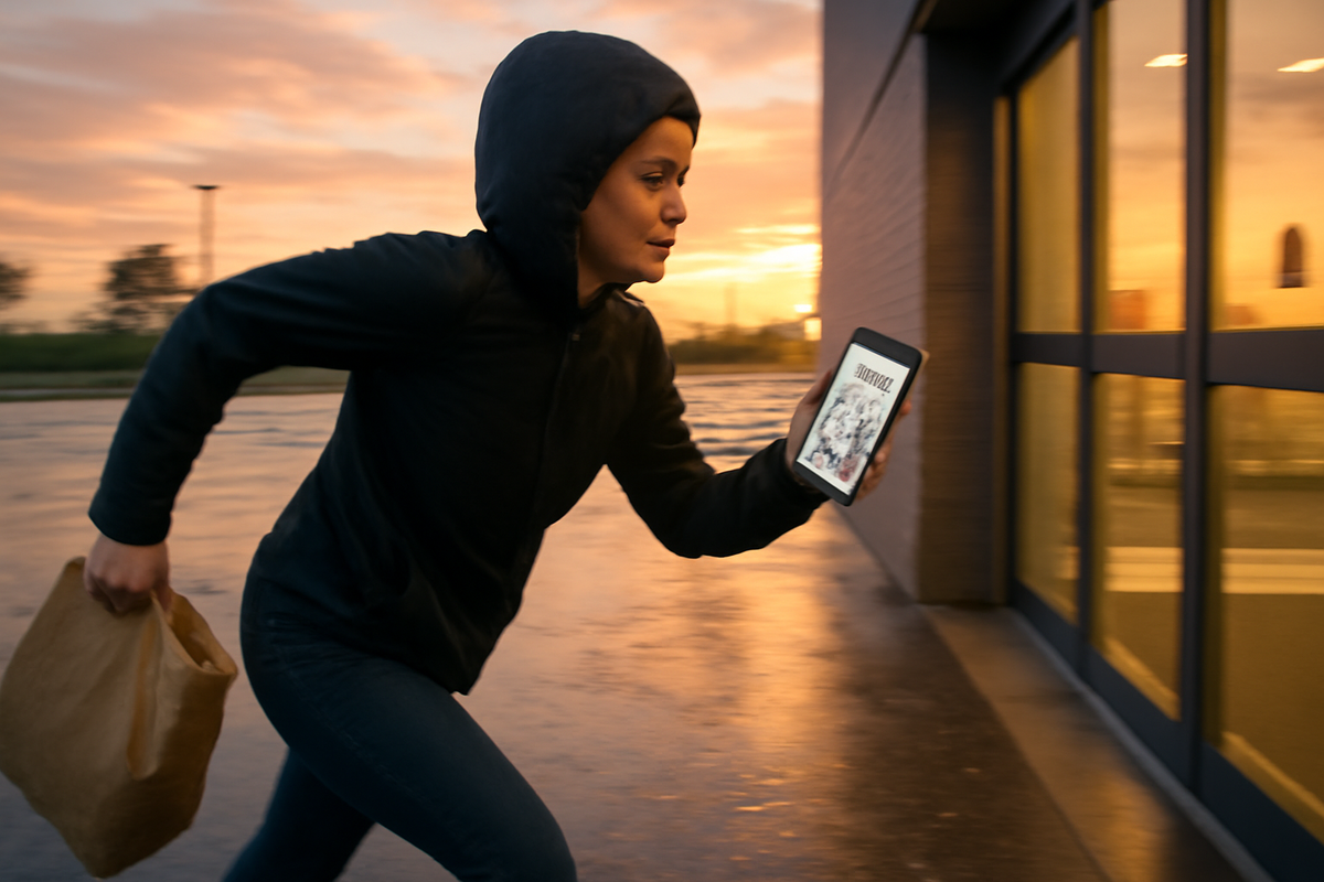 Hooded shopper sprinting toward sliding doors at sunrise, phone showing buzzing hashtag feed—wet pavement, fast motion—real-time intel, hustle mindset, decisive momentum