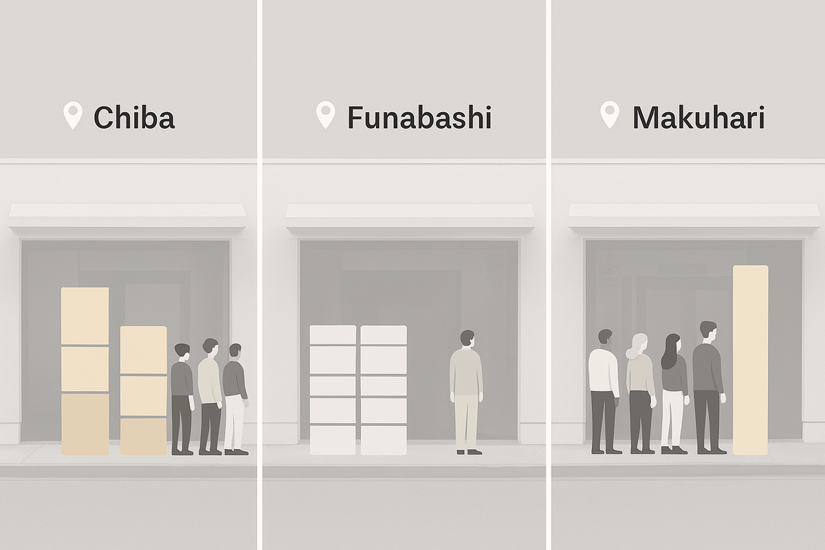 Side-by-side storefront comparison: Chiba / Funabashi / Makuhari—minimal bars for stock vs queue—clean, no-logo visual—choose the smartest target at a glance, confident decision energy