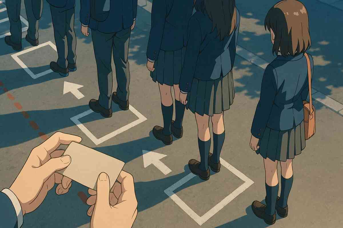 Orderly lineup squares and arrows on the ground, hands holding a plain ticket—disciplined queue formation, method over luck, quiet anticipation and poised focus