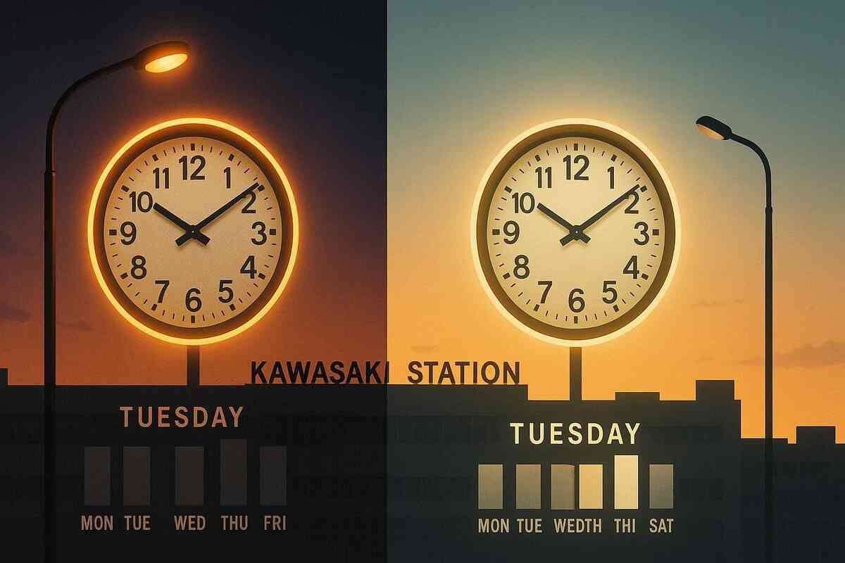 Two glowing clocks—08:50 sunrise vs 18:00 dusk—over Kawasaki Station silhouette, bar chips highlighting Tuesday—golden timing window, serene confidence, decisive rhythm