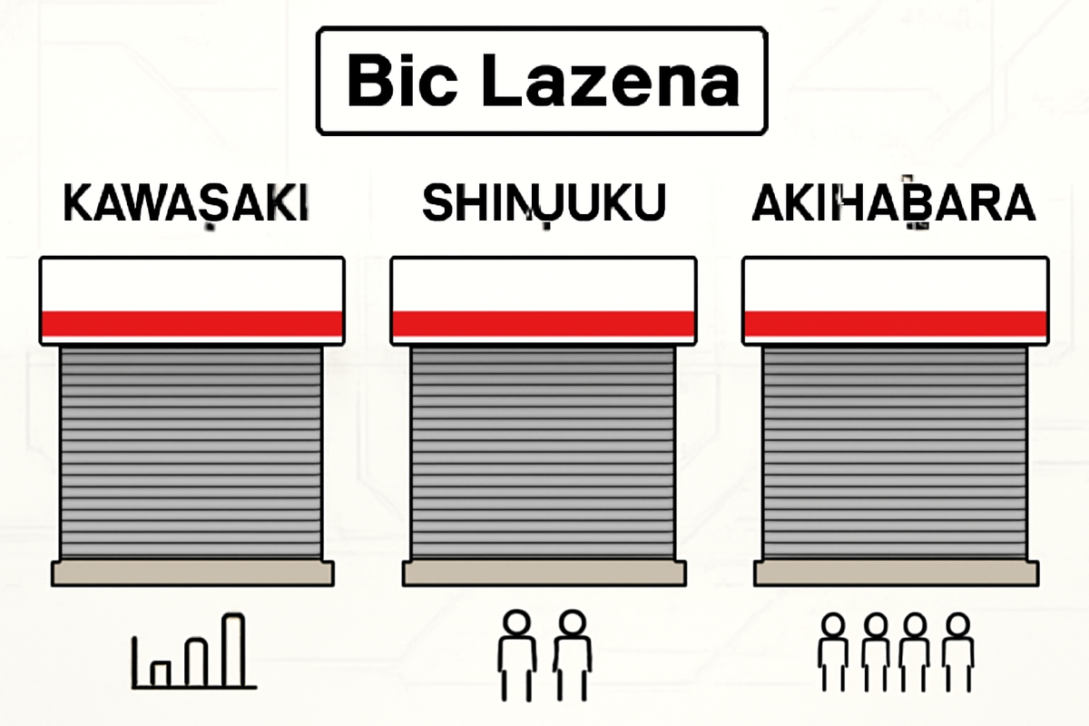 Side-by-side storefront icons labeled Kawasaki / Shinjuku / Akihabara under “Bic Lazena,” tiny bars for stock vs queue—clean comparison, choose-the-smartest-store energy, no-nonsense decisiveness