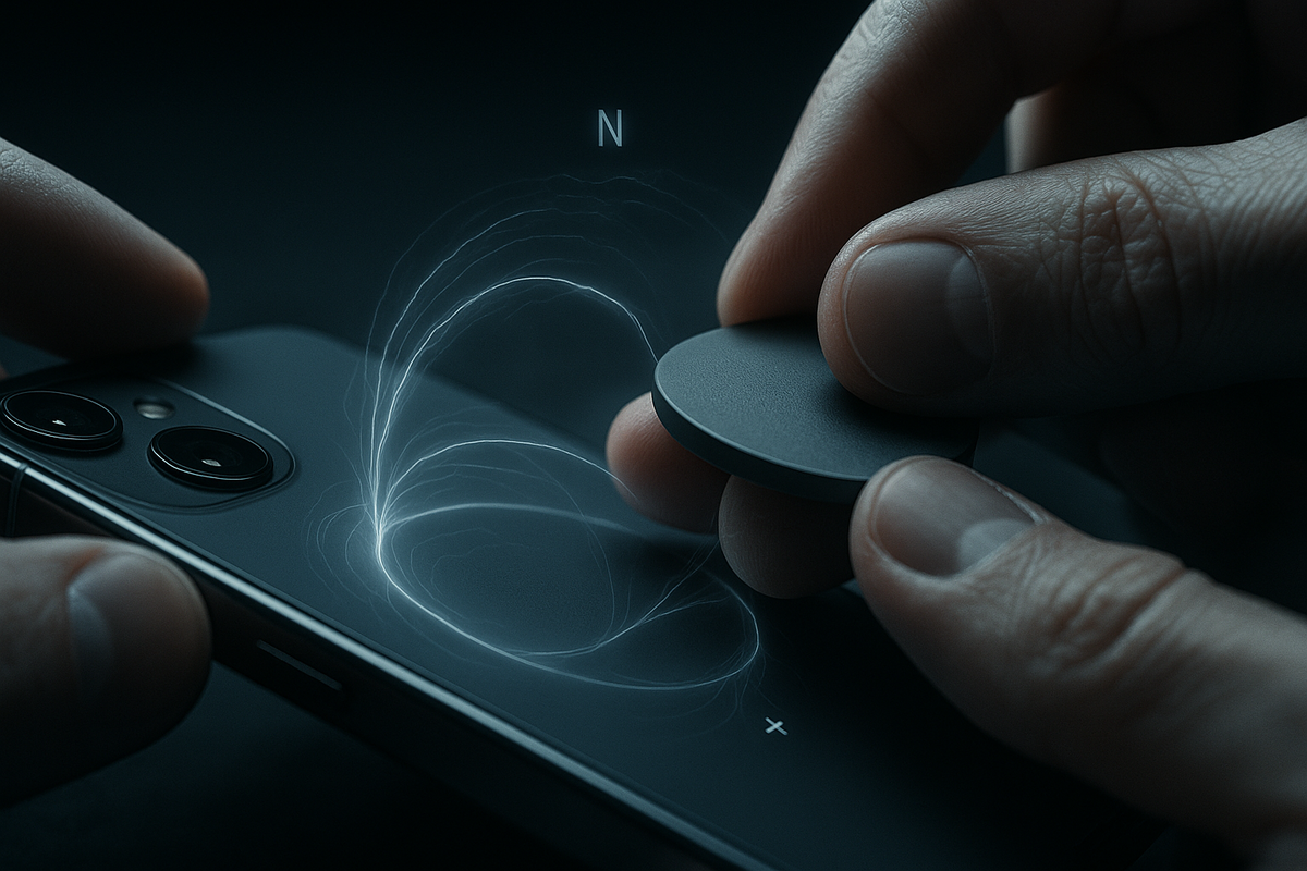 Macro hands aligning a round magnetic puck to a phone back—glowing field lines, N/S hints—precise snap, satisfying click, science-meets-everyday magic, trustworthy MagSafe-style hold