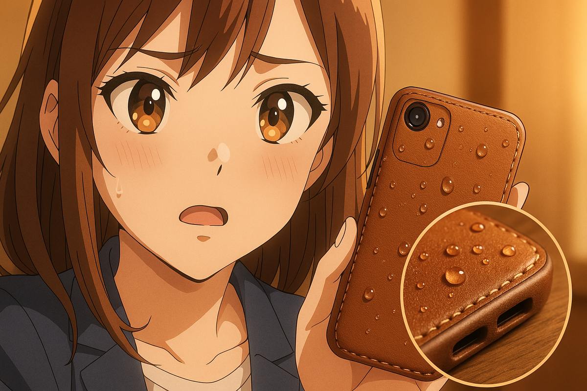 Anime-style surprise face holding a tan vegan-leather case with water beads—cozy stitching close-up inset—soft-touch durability, rain-ready peace of mind, cute yet practical charm