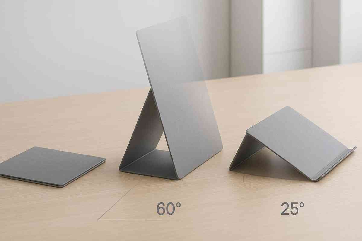 Origami stand transformation—flat tile → 60° viewing → 25° typing—clean desk, gentle shadows—effortless angle shifts for work, binge, and flow, serene productivity mood