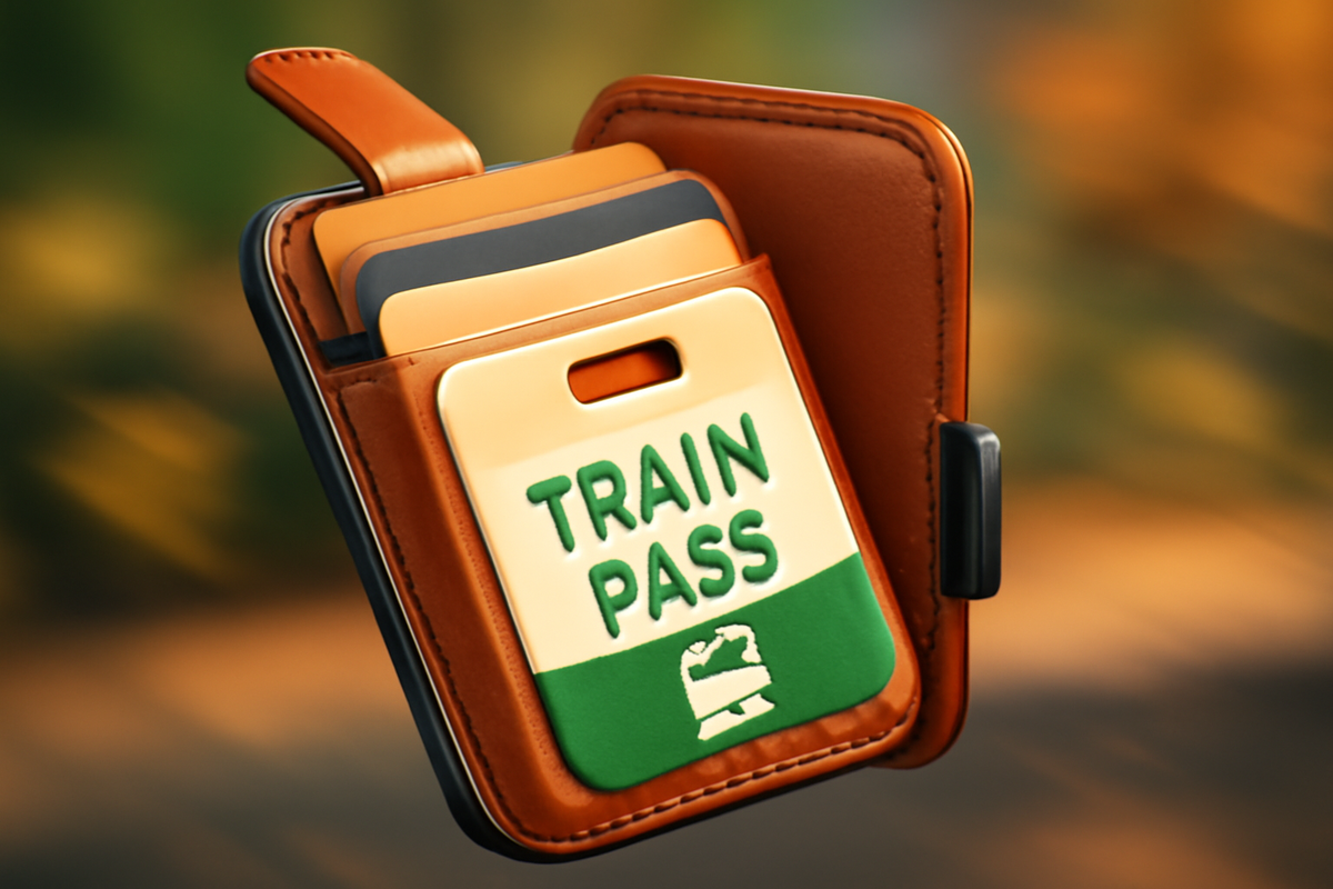 Slim wallet attachment opened wide—train pass and two cards snug inside—buttery leather texture, everyday-carry freedom, commute-ready joy with zero bulk