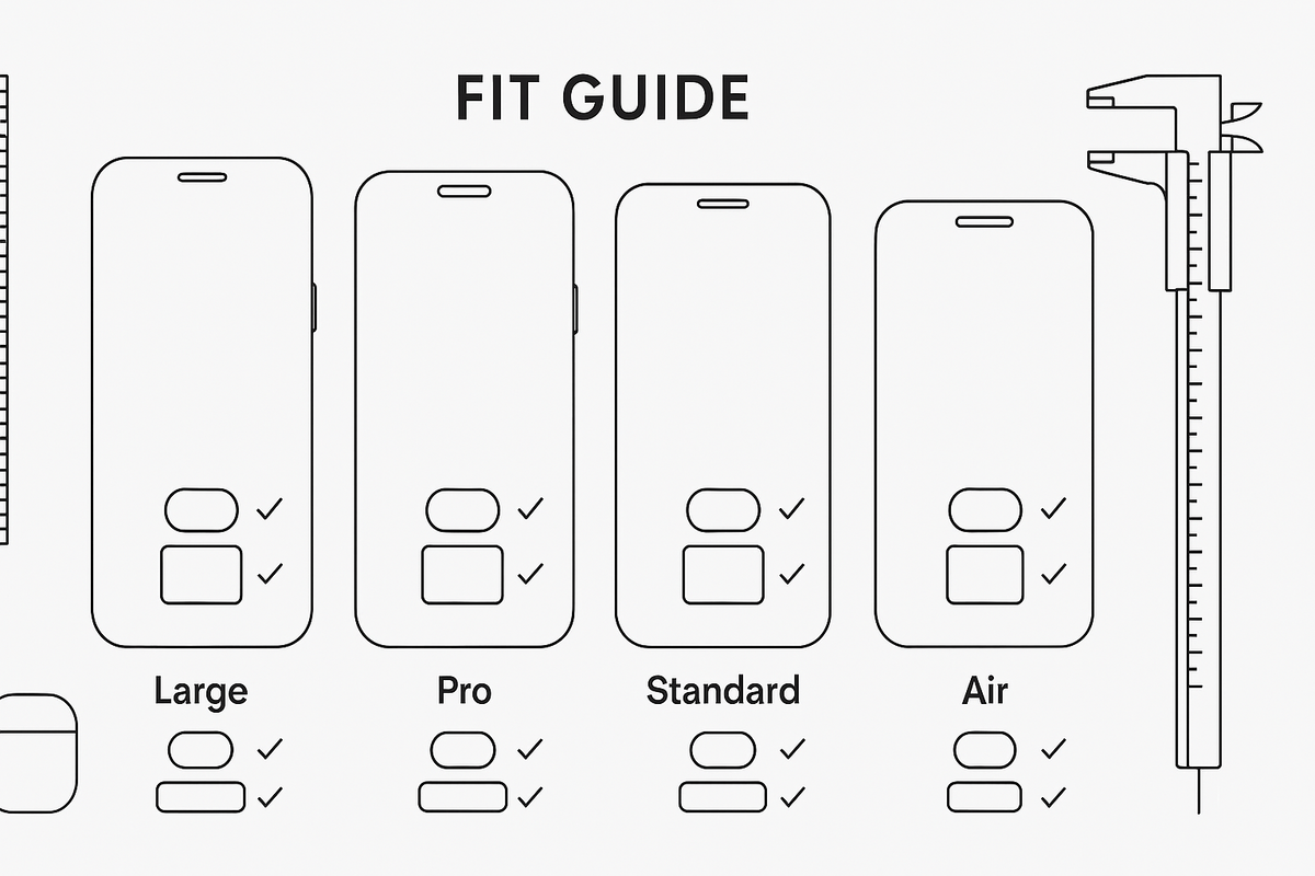 Fit guide diagram—Large / Pro / Standard / Air silhouettes with accessory outlines and checkmarks—ruler and caliper icons—no-guesswork sizing, clean certainty, pick-your-perfect match confidence