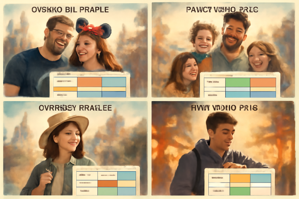 Four personas grid—fan couple, family with kids, overseas traveler, time-boxed solo—colored schedule blocks under each—choose-your-pace itinerary vibes—empathetic, doable, joyful