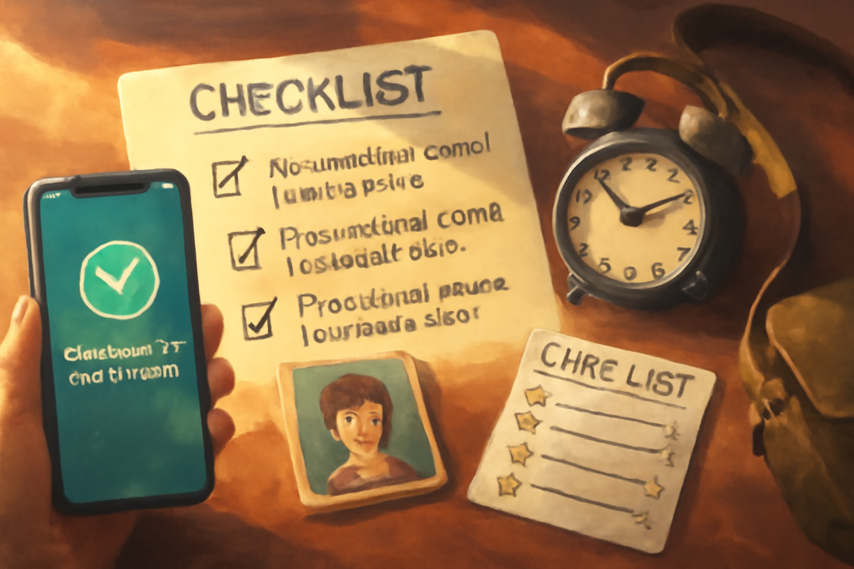 Prep checklist tabletop—phone with reservation checkmark, avatar card, 8:30 alarm clock, packing list—book early, arrive early, prioritize favorites—calm mastery, travel-day confidence