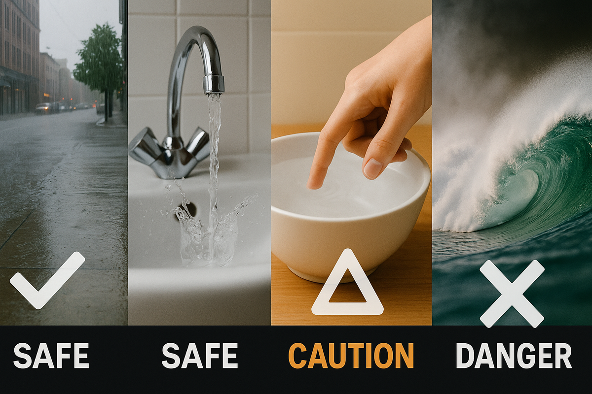 Real-life safety spectrum—rainy street and sink splash = SAFE, brief shallow dip = CAUTION, crashing ocean wave = DANGER—bold icons for instant judgment, practical yet urgent energy
