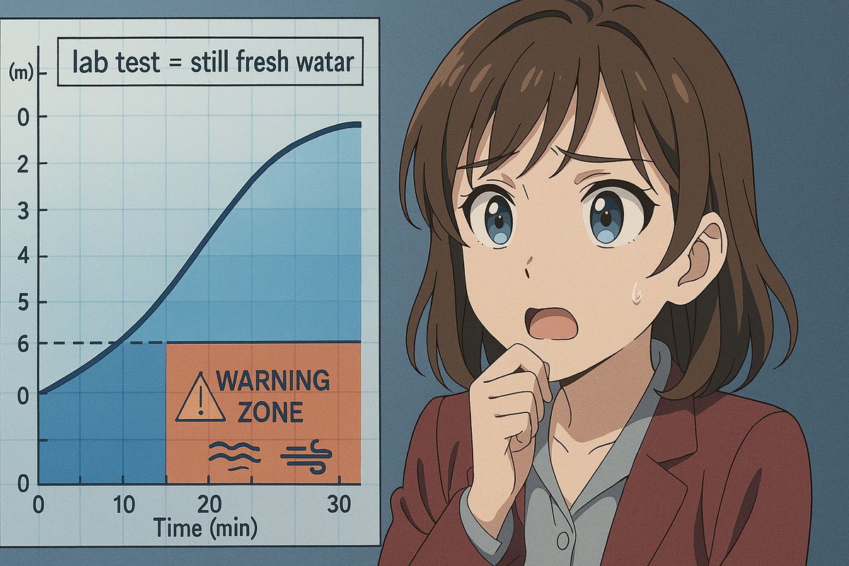 Depth vs time reality check—graph up to 6 m and 30 min with “lab test = still fresh water,” warning zone for current and spray—thoughtful user expression—smart caution over blind bravado