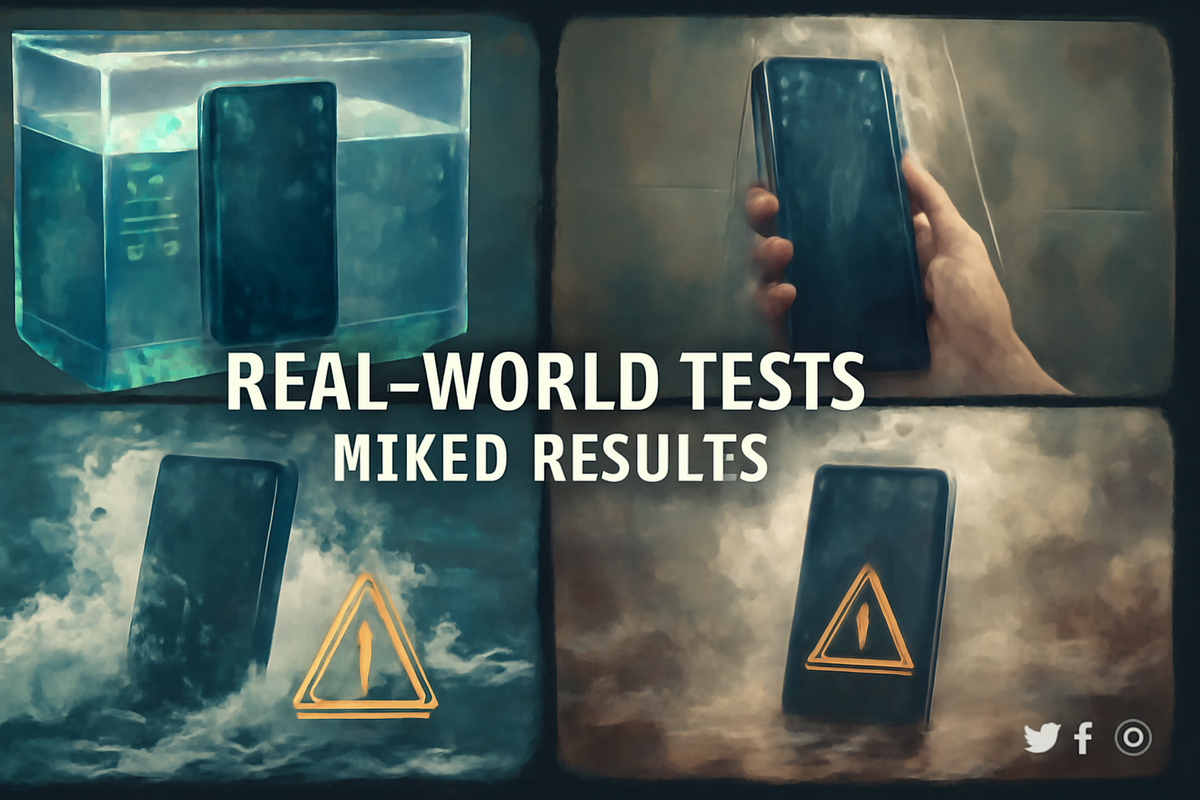 Real-world tests montage—tank immersion, gentle shower, ocean splash, steamy room—mixed outcomes with caution triangles—viral-video drama meets sober reality: luck isn’t a warranty