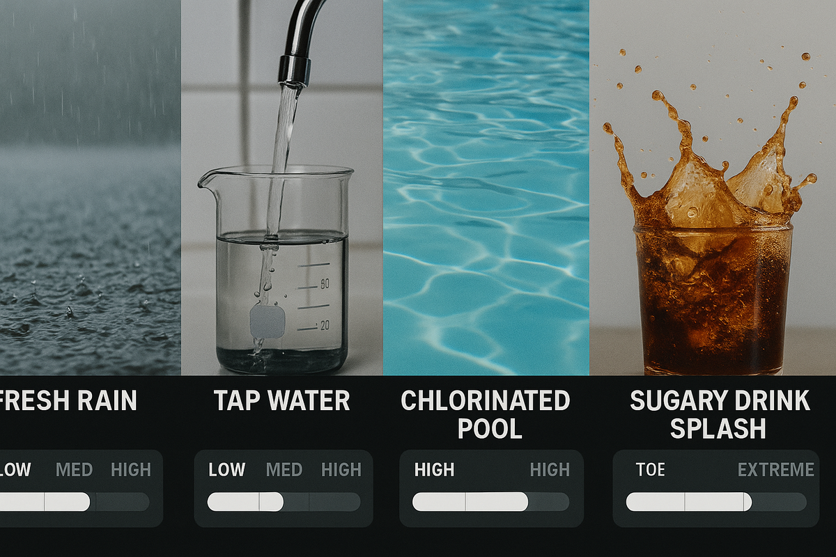 Liquid risk meter—fresh rain, tap water, chlorinated pool, sugary drink—side-by-side sliders from LOW to EXTREME, clear chemistry-driven threat comparison