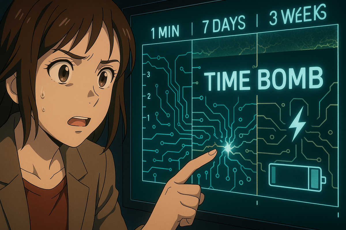 “Time bomb” circuit timeline—1 minute → 7 days → 3 weeks—anxious user points at spreading short, hidden corrosion countdown, tense survival vibe