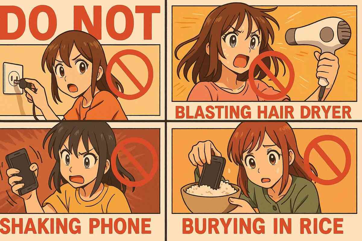 DO NOT poster—no charging wet phone, no blasting hair dryer, no shaking, no burying in rice—bold red warnings for water-damaged iPhone, zero-nonsense rules