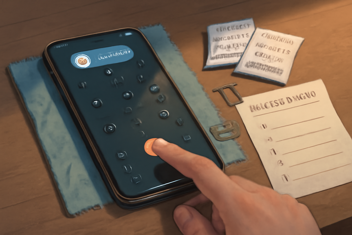 Calm emergency desk—wet phone powered off on microfiber, SIM tray removed, silica gel packs and checklist—gentle first-aid steps to save data, hopeful tone
