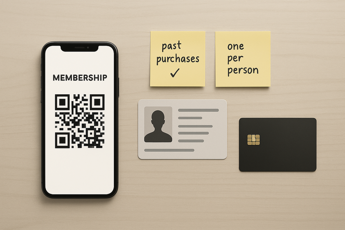 Flat-lay checklist: membership QR on phone, ID card, black credit card, sticky notes “past purchases” and “one per person”—eligibility rules for buying Switch-2, calm clarity with firm anti-scalper energy