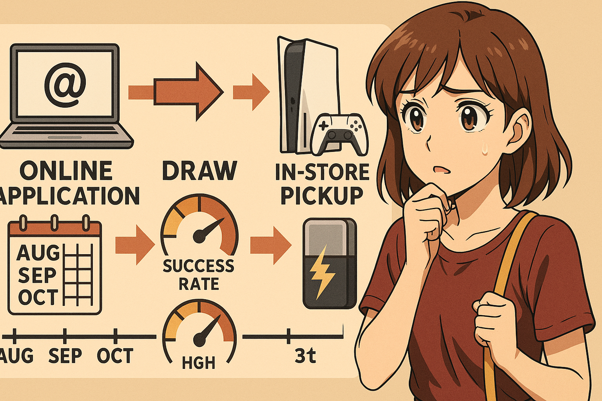 Infographic flow: online application → lottery draw → in-store pickup, success-meter dials and anxious visitor—how the Switch-2 lottery works in Sendai, actionable steps, nervous anticipation
