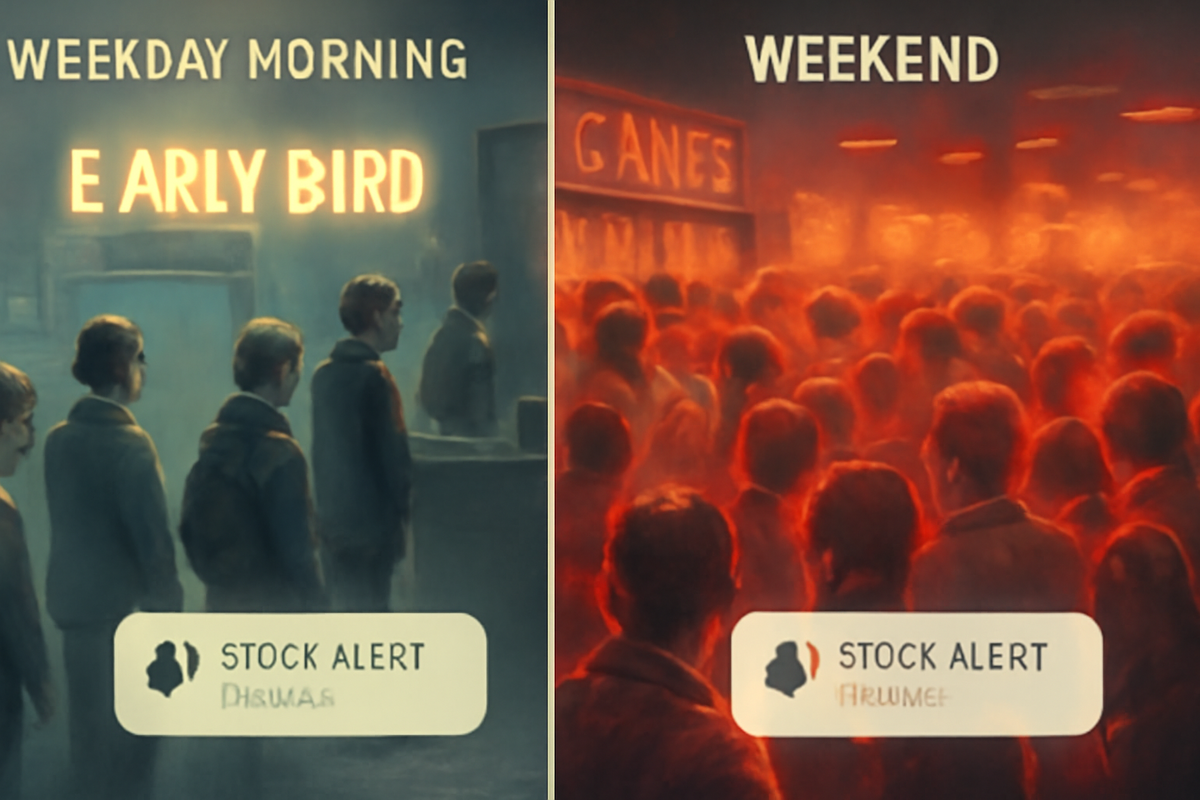 Split panel comparison: cool blue weekday early-bird line vs blazing red weekend crowd, “stock alert” pop-ups—best timing to score Switch-2 in Sendai, weekday edge, weekend chaos