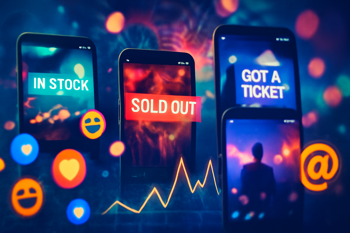 Vivid social collage of smartphones reading IN STOCK / SOLD OUT / GOT A TICKET with emoji bursts and a rising trend line—live SNS monitoring strategy for Switch-2 restocks, hype, instant-alert adrenaline
