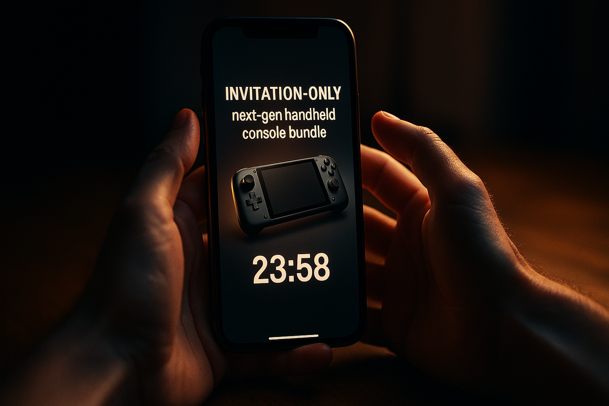 Phone screen with “invitation-only” purchase alert and ticking countdown for a next-gen handheld console bundle—moody desk light, tense hands, urgent FOMO energy, cinematic focus, discovery-worthy moment