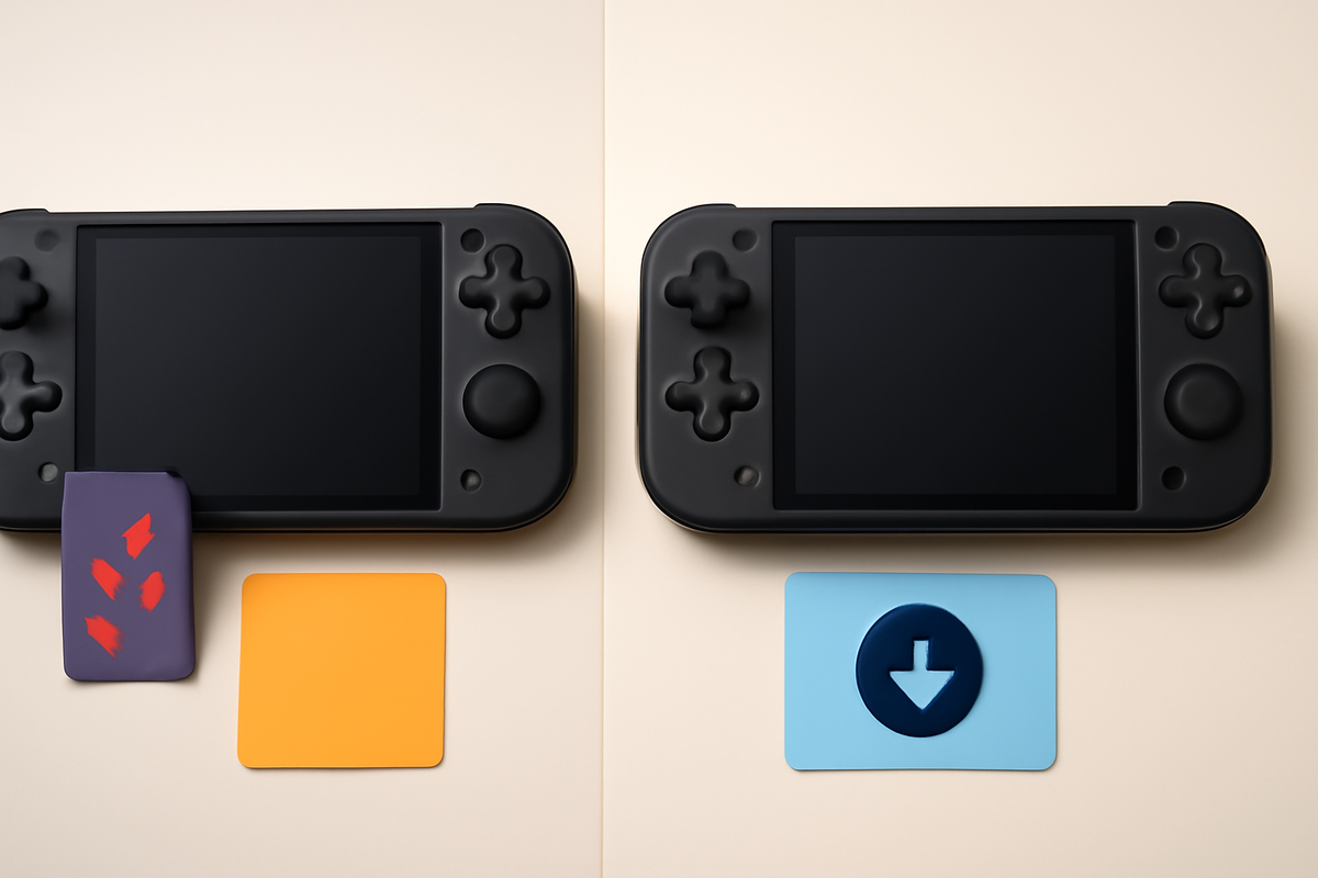 Side-by-side unbranded handheld consoles on a neutral background with simple accessory and download icons—clean comparison of bundle vs standard, minimalist infographic feel, confident decision energy