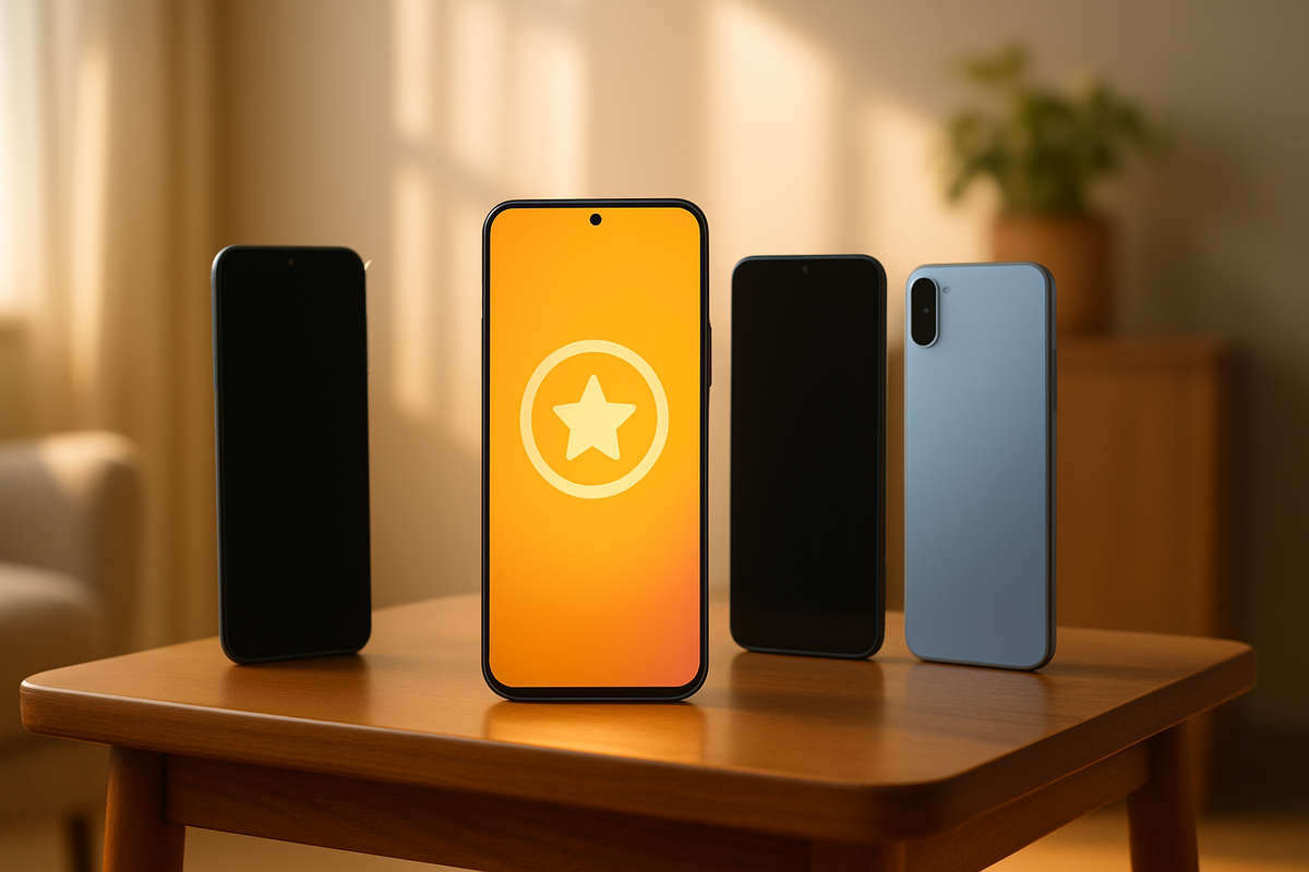 Lineup of unbranded smartphones on a wooden table with one center device glowing with a star icon—best-chance model spotlight, calm morning light, joyful certainty, confident pick vibes