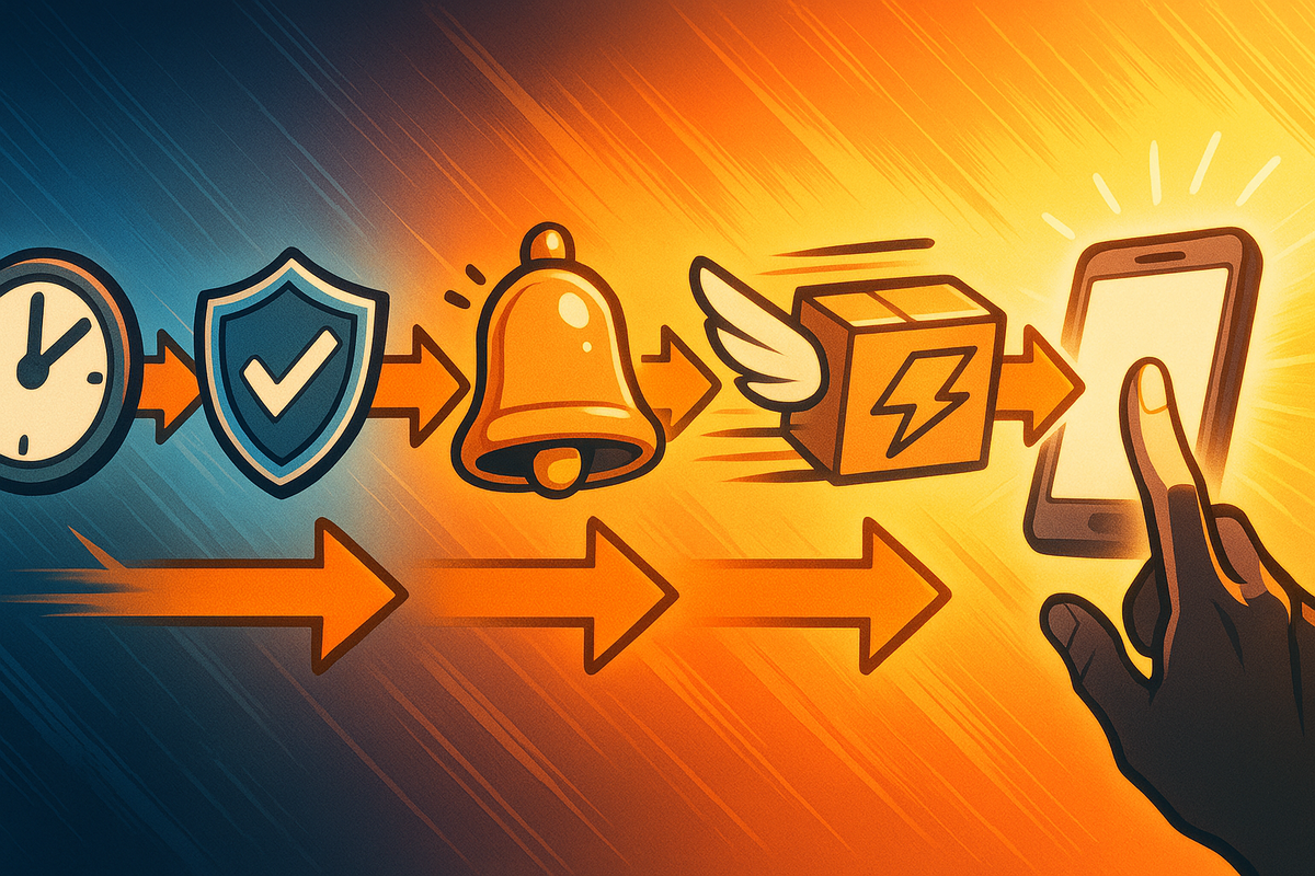 Actionable playbook banner—clock → verified shield → alert bell → fast-wings package → tap to checkout—speed lines, kinetic arrows, heated momentum, go-now determination