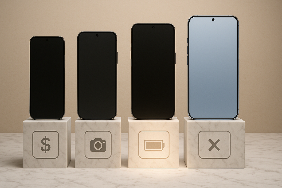 Four iPhone 17 lineup on marble plinths—standard, Air, Pro, Max—icons for price, camera, battery, and difficulty—clean side-by-side comparison, decisive clarity, confident buyer energy