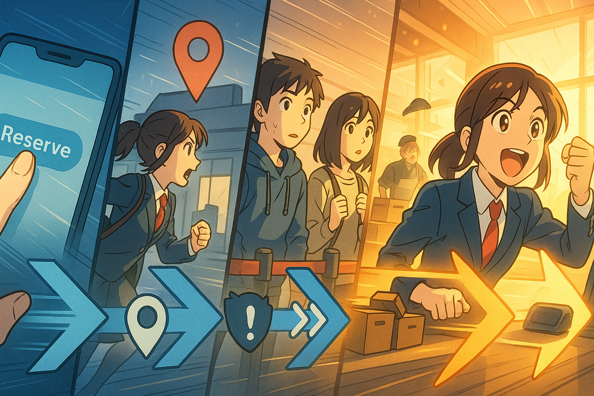 Anime-style victory flow—tap Reserve → rush to store → ticket line → counter pickup—kinetic arrows, blue-to-gold transition, urgent momentum, actionable hope, win-the-day vibes