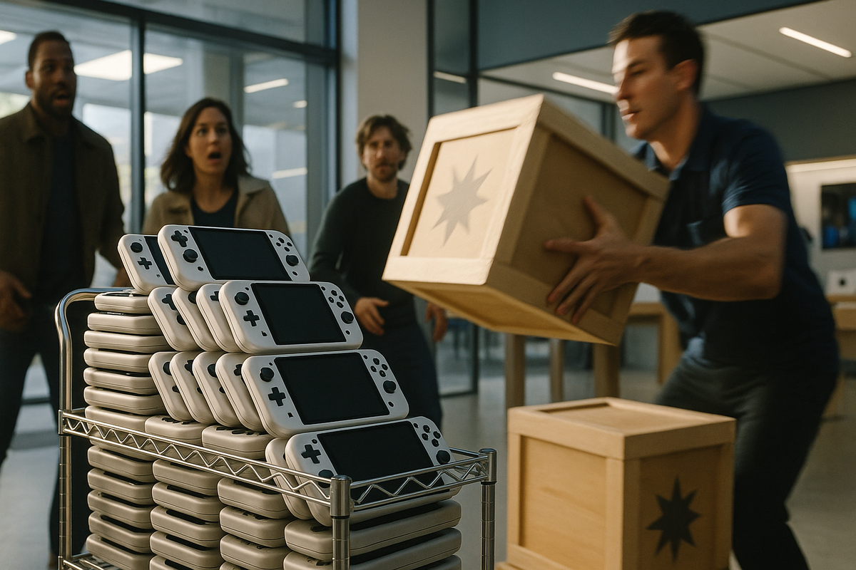 Rolling cart stacked with unbranded handheld consoles as a worker drops a surprise crate—shoppers gasp, motion blur, limited-drop adrenaline, fierce FOMO energy on the sales floor
