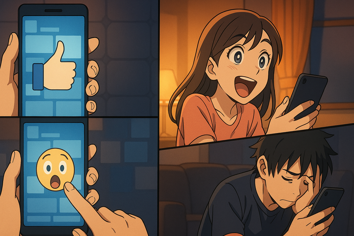 Split-screen social buzz—thumbs-up and wow reactions on phones, joyful smile vs tired disappointment—real wins and misses from a guerrilla sale, authentic highs and lows, heart-pounding feed