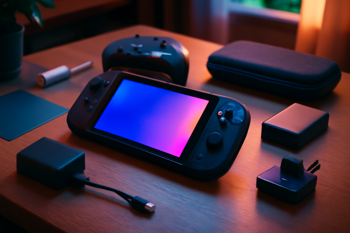 Cozy desk with next-gen handheld and day-one essentials—dock, fast charger, case, grip controller, carry pouch—warm evening glow, ready-to-play joy, satisfying upgrade vibe