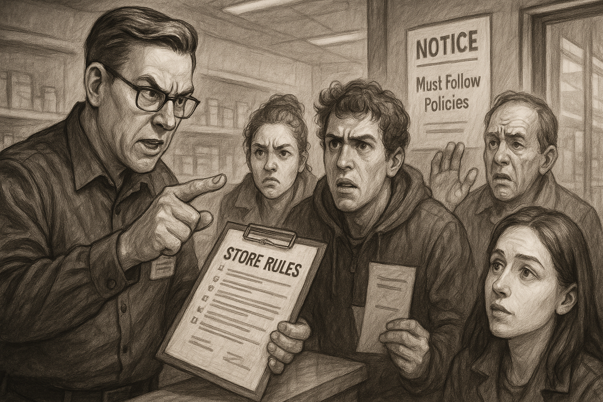 Stern clerk jabs at a “Store Rules” clipboard as anxious shoppers argue—policy clash, tense eyebrows, heavy sighs, fairness drama, palpable anxiety in a crowded counter scene