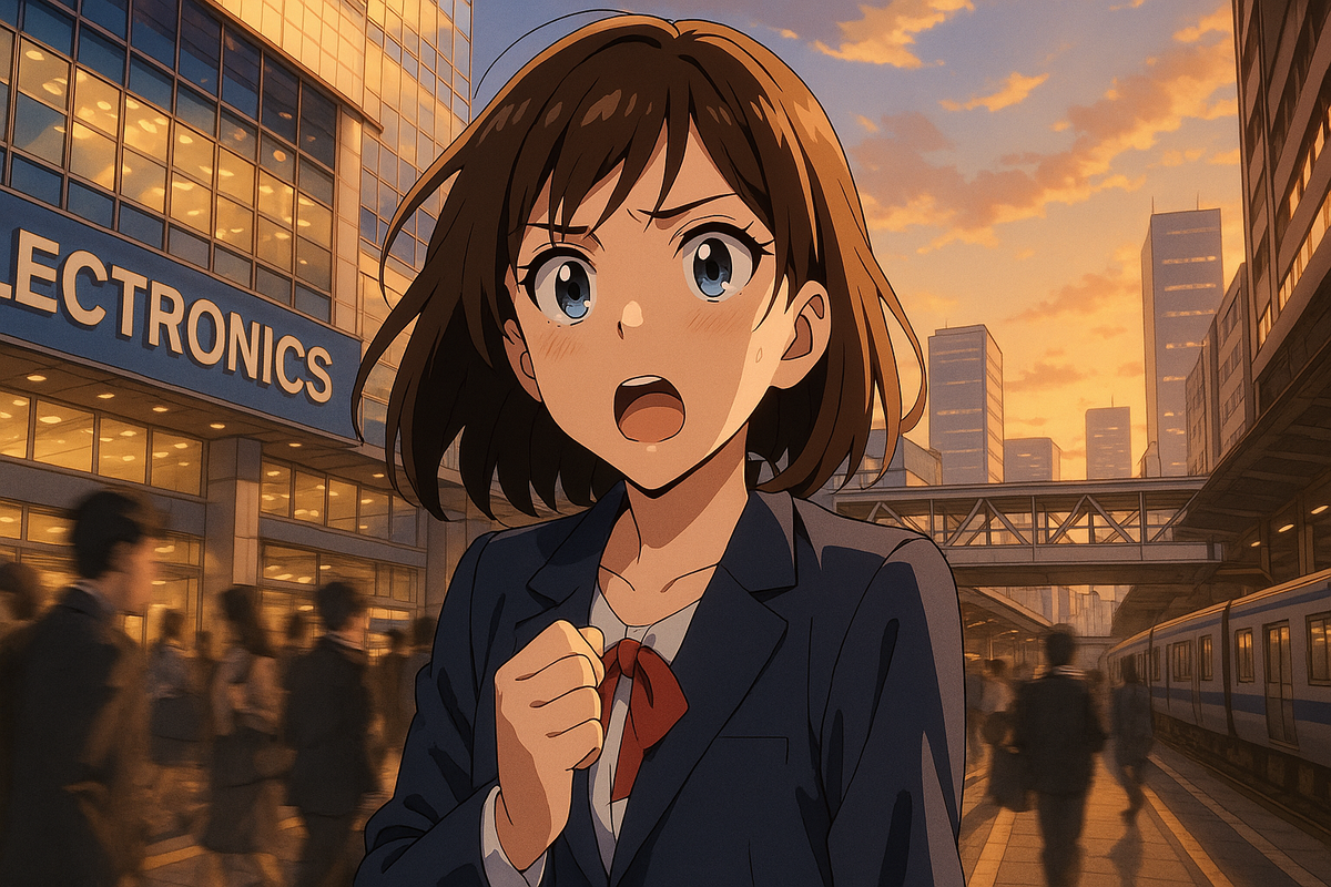 Determined teen dashes from a station toward a glassy electronics mall at golden hour—wind in hair, clenched fist, hopeful adrenaline, time-running-out urgency and bright resolve