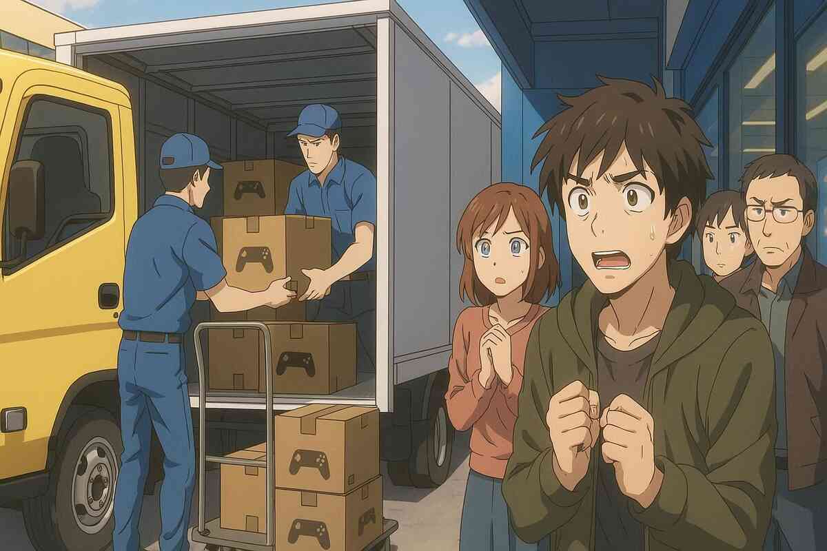 Delivery truck doors swing open—workers unload boxes marked with gamepads while onlookers hold their breath—fresh restock, suspenseful pause, hearts racing, near-my-turn anticipation
