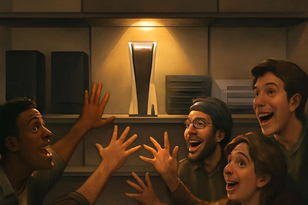 Spotlight bathes a rare next-gen console on a shelf—friends reach out with sparkling eyes—awe, FOMO, once-in-a-lucky-moment thrill, magnetic must-buy energy