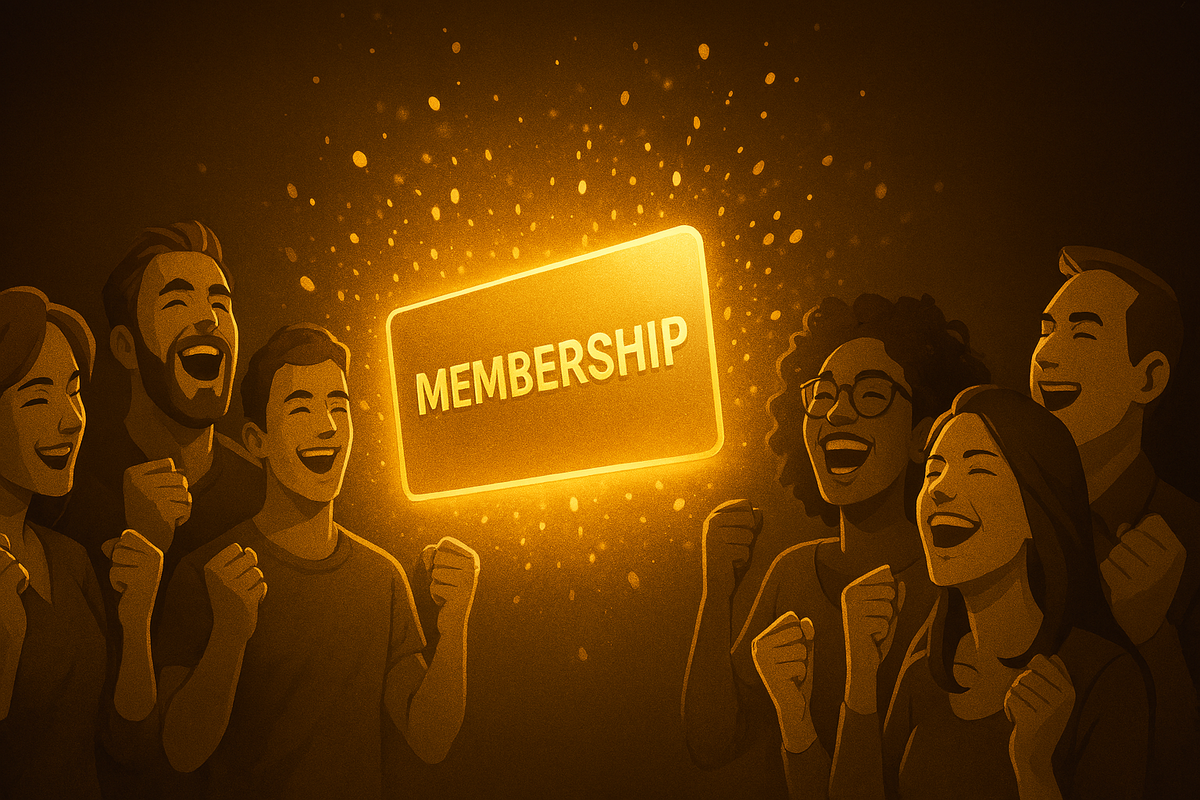 Glowing “Membership” card floats amid cheering shoppers—warm gold confetti, points windfall, shared joy, feel-good perks aura—click-worthy promise of extra rewards