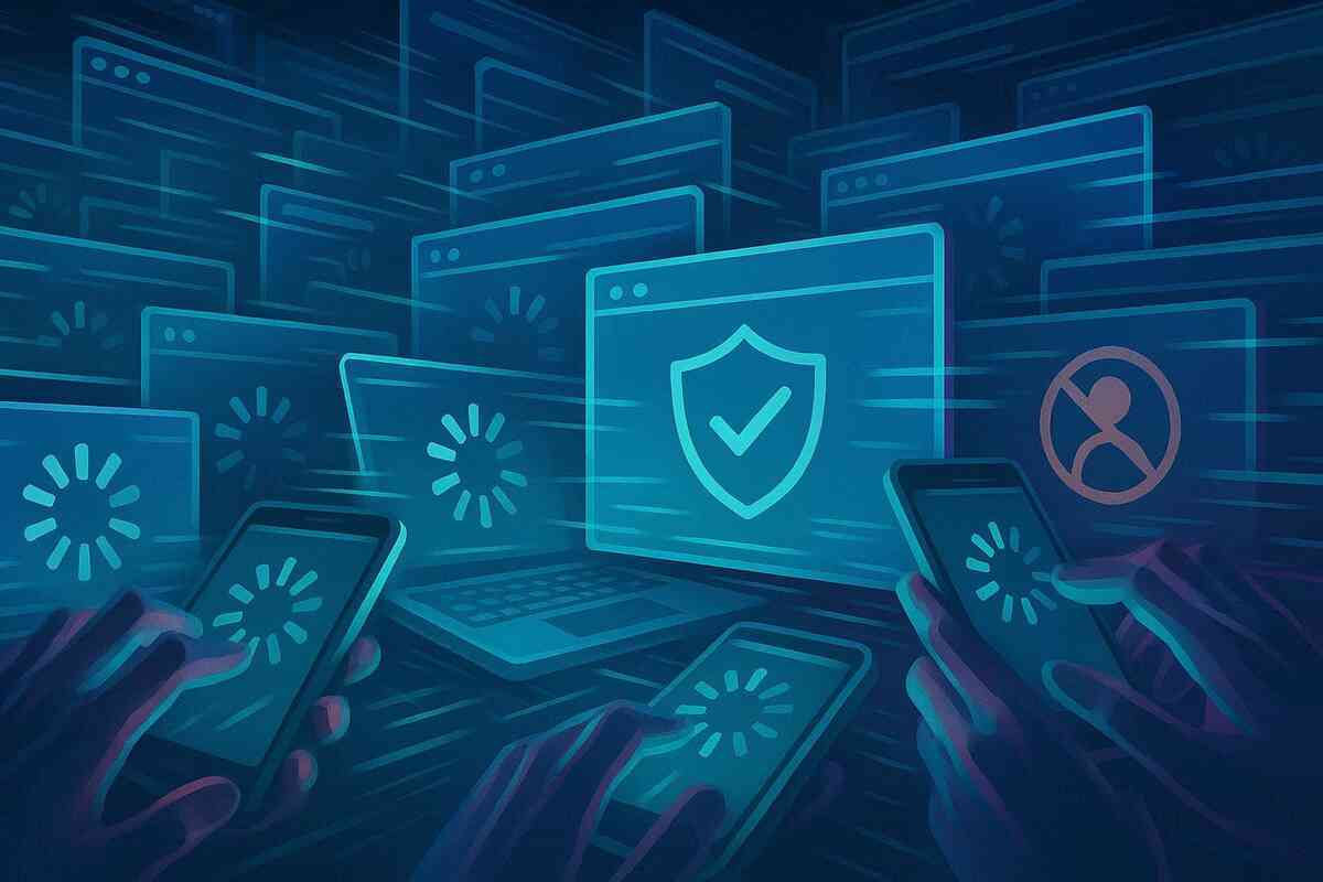 Loading spinners and CAPTCHA shields flood laptops and phones during a chaotic drop—server-storm pressure, throttle winds, steady-hands resilience, battle-ready mindset